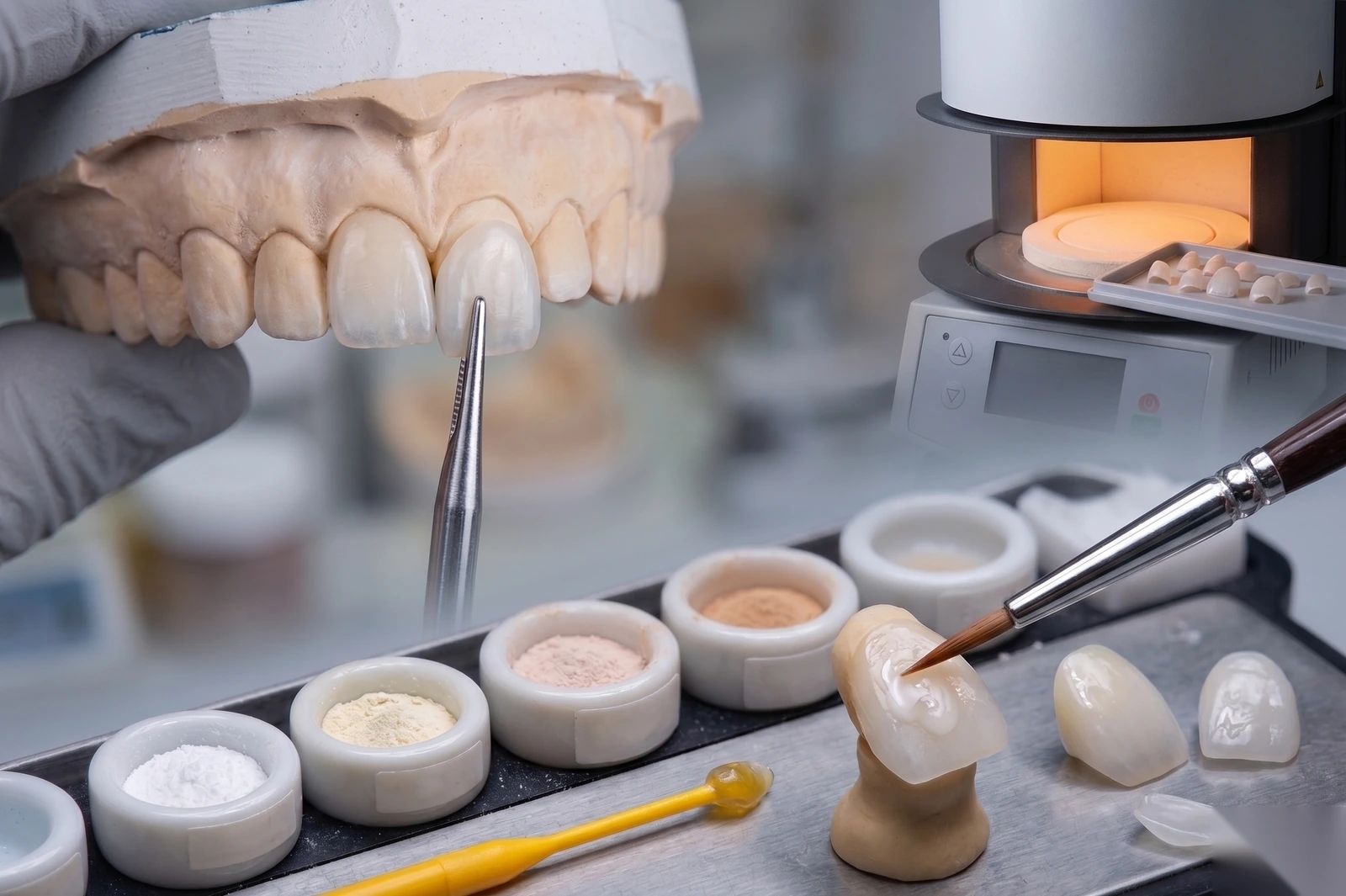 Artesão pintando lentes de porcelana em laboratório odontológico com forno de cocção