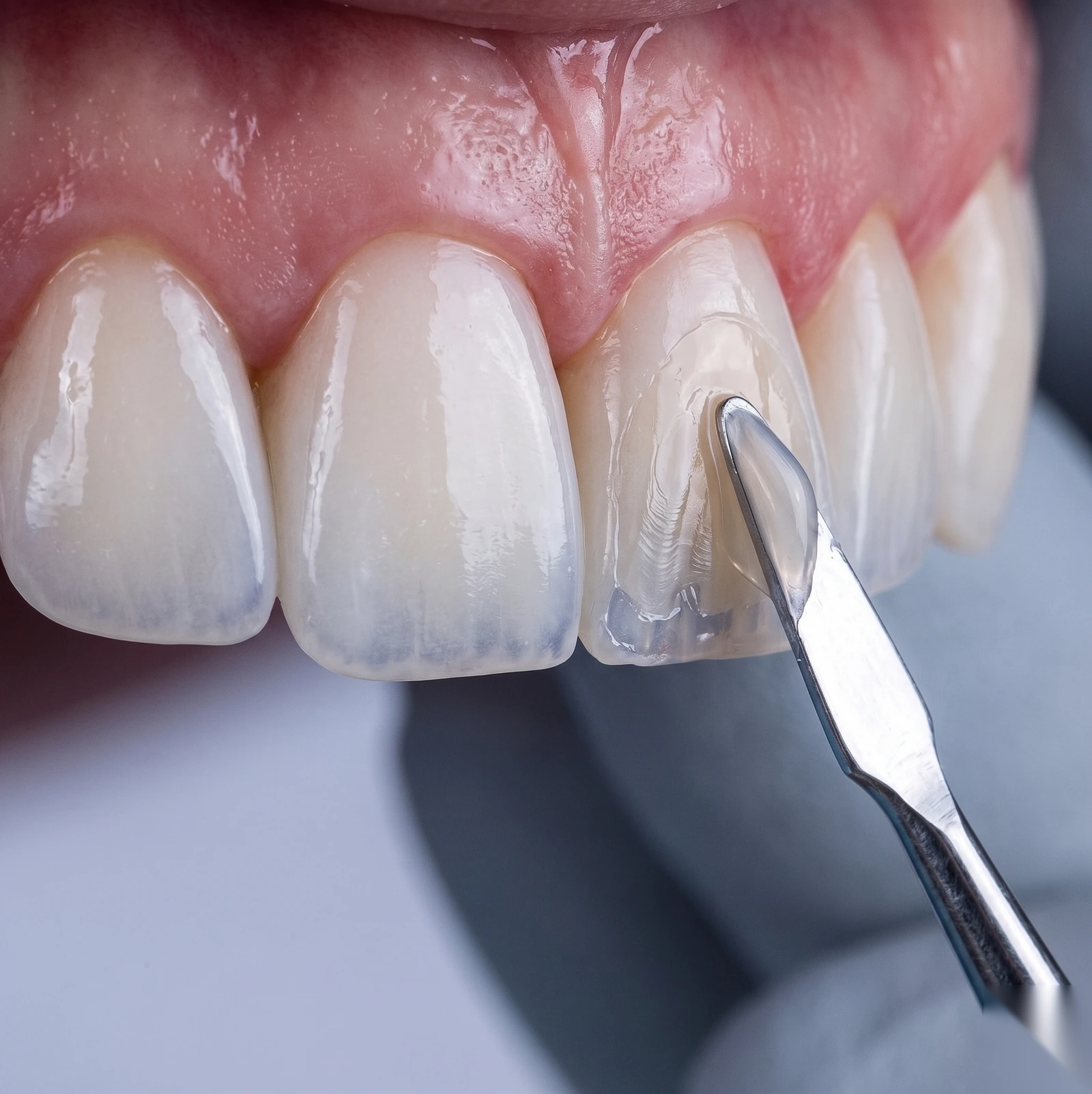 Aplicação de lente de resina em dente frontal com instrumento odontológico