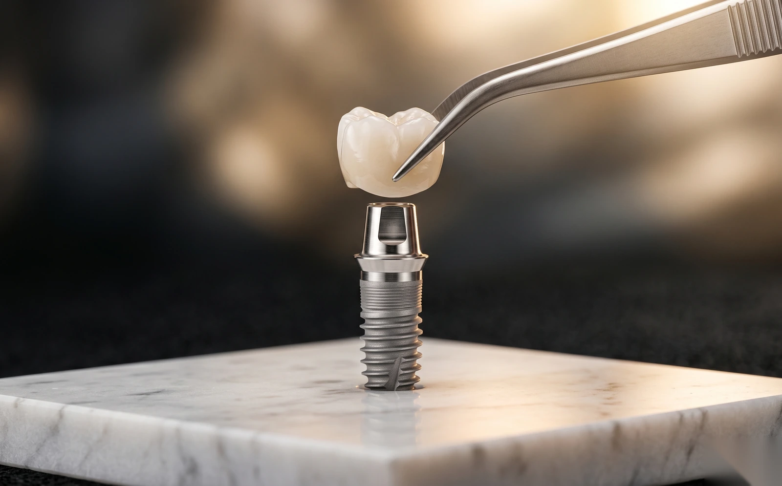 Coroa de cerâmica premium segurada por pinça odontológica em fundo dourado
