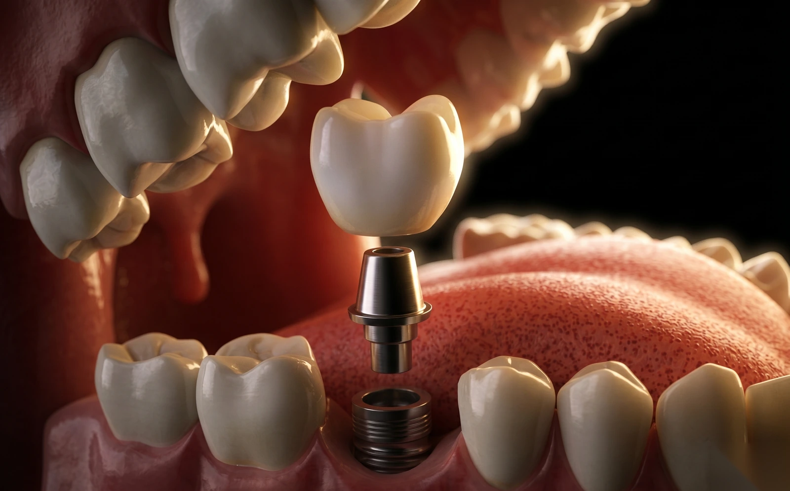 Implante dentário de titânio com coroa de cerâmica branca sendo posicionada